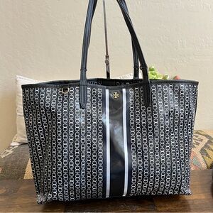 Tory Burch Gemini Link Coated Canvas Large Tote Black/Navy/White